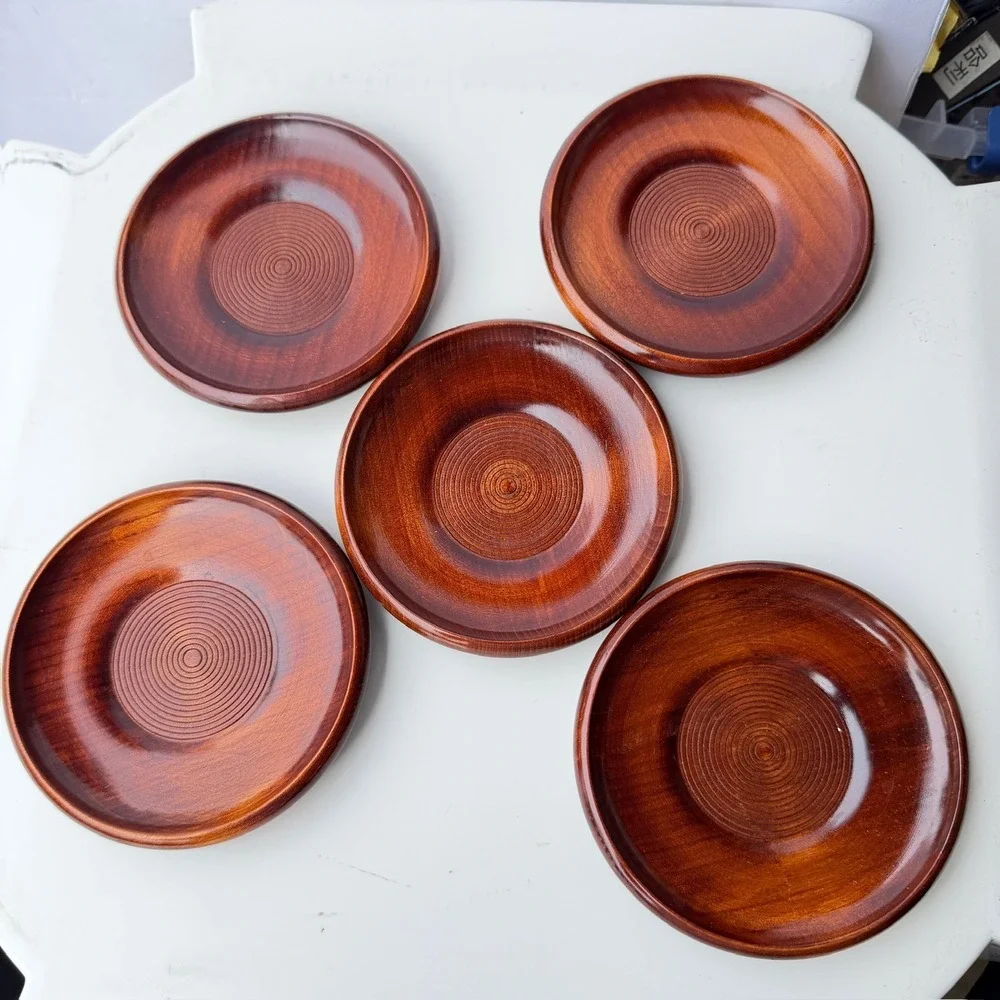 Set of 5 Vintage Style Wooden Coasters‎ Saucers Concentric Circle Design B-11